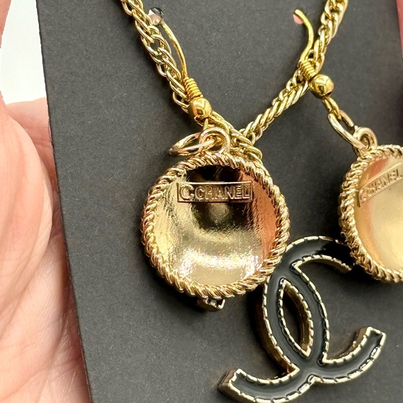 Upcycled 3-Piece Chancel Earrings + Pendant Necklace - Authentic, Stamped - Gold - Picture 3 of 7